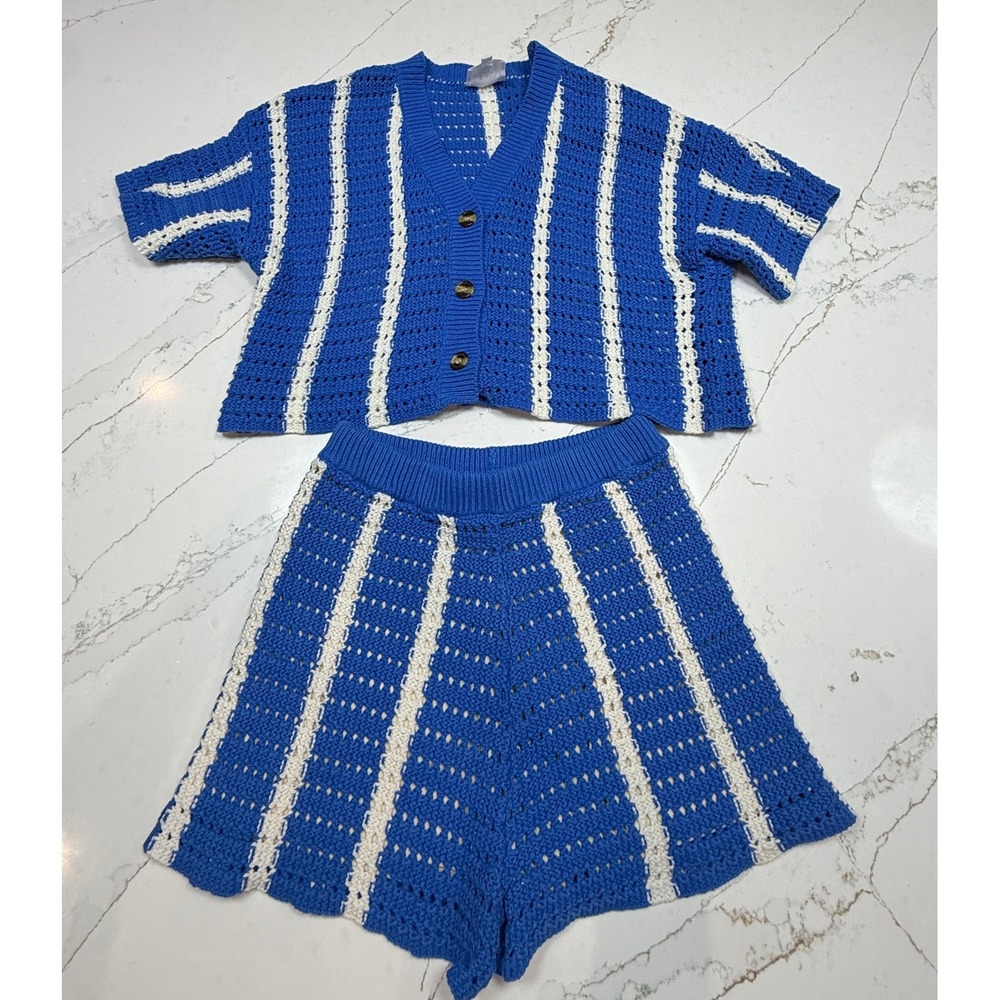 Le Lis Collection Blue White Striped Crochet Knit Cardigan and Shorts Set S